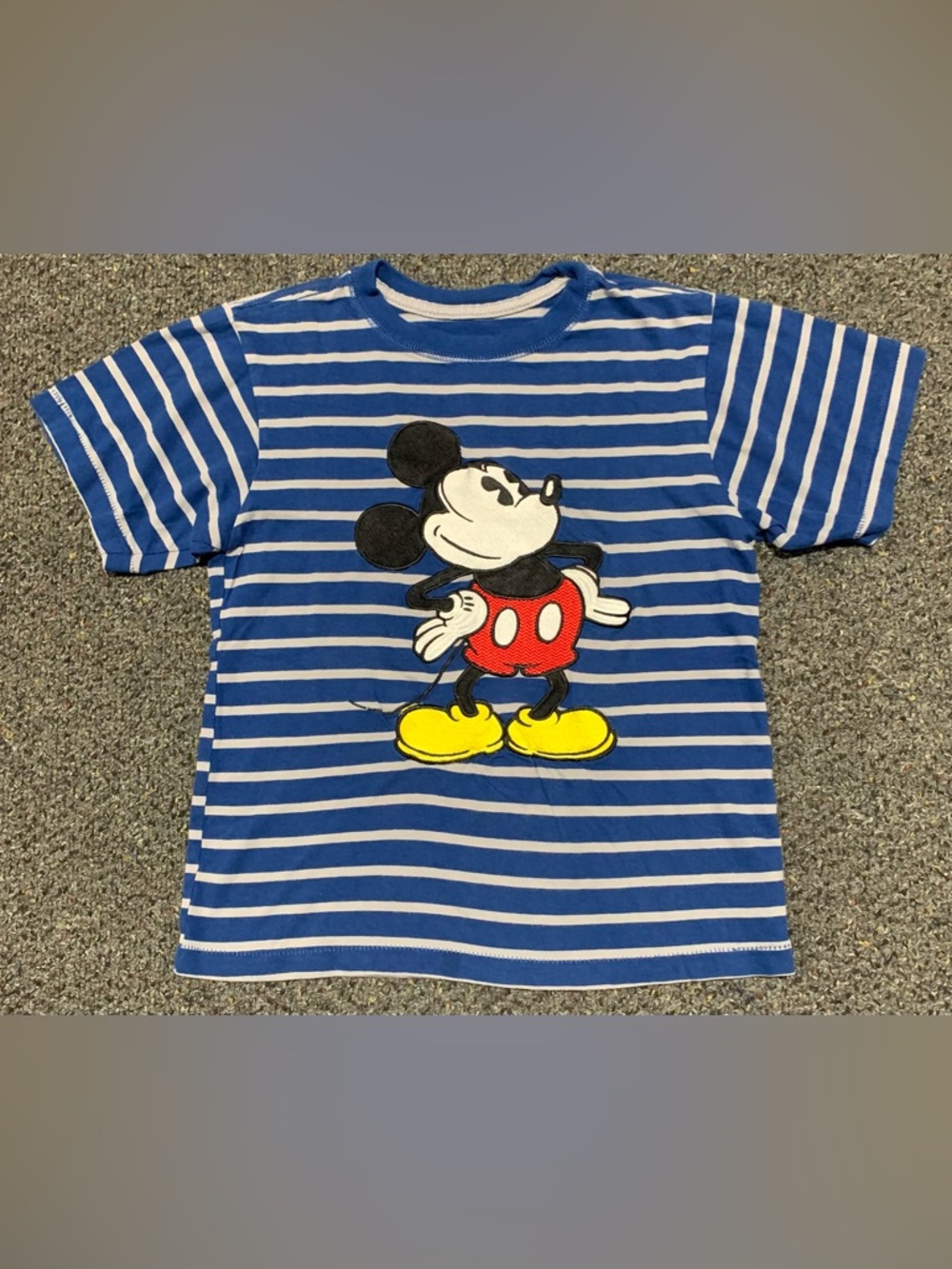 Disney Store boys 5/6 appliquéd Mickey Mouse on blue striped shirt